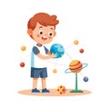 Boy with Solar System Model: Educational Illustration of Space and Planets Royalty Free Stock Photo