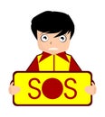 Boy with SOS sign, character, colors, isolated. Royalty Free Stock Photo