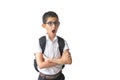 Boy in spectacles, shirt and backpack. Isolated over white background. Schoolboy. Teenager. Royalty Free Stock Photo