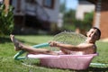 Boy with splash water in hot summer day Royalty Free Stock Photo