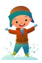 Boy splashing snow. Child in winter clothes. Fun frost. Winter clothes. Object isolated on white background. Cartoon fun Royalty Free Stock Photo