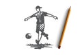 Boy, sport, soccer, ball, child concept. Hand drawn isolated vector. Royalty Free Stock Photo