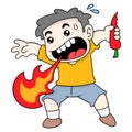 Boy spouts fire because he eats super spicy chili, doodle icon image kawaii