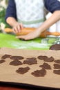 Boy squeezes the shapes from the molds on the rolled brown dough. Pressed shapes are next to prepared for baking.