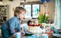 A boy standing on a chair, blowing out candles on a birthday cake. Royalty Free Stock Photo