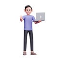 boy standing holding laptop and giving thumbs up 3d render Royalty Free Stock Photo