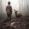 A boy standing over muddy lamb