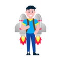 Boy standing with rocket jetpack like a super hero pilot flat style design vector illustration isolated on white background. Royalty Free Stock Photo