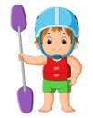 The boy is standing with the safety lifebuoy and holding the paddle