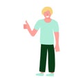 Boy standing and showing positive emotions with thumb up gesture, approval sign, flat raster