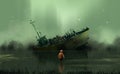 a boy standing in the swamp look at to abandoned boat against huge waterfall, digital illustration art painting design style.