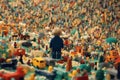 A boy stands in awe in a massive city made entirely of Lego bricks, towering above him. The intricate details of the