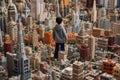 A boy stands in awe in a massive city made entirely of Lego bricks, towering above him. The intricate details of the
