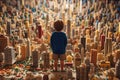 A boy stands in awe in a massive city made entirely of Lego bricks, towering above him. The intricate details of the