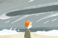 boy stands on a beach as a hurricane approaches, watching as the waves begin to swell and crash against the shore