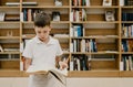 A boy stands in the library and reads a book while standing. Preparing for homework. The boy loves to read. Free space at the Royalty Free Stock Photo