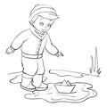 Boy stands in a puddle and looks at a paper boat, vesna, contour drawing, coloring, isolated object on a white