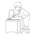 Boy stands on a stool and washes his hands under running water, outline drawing, isolated object on a white background