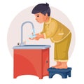 Boy stands on a stool and washes his hands under running water, vector illustration,