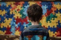 A boy stands before a vibrant puzzle piece mural, symbolizing the complexity and connectedness of the autism community