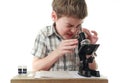 Boy stares into black microscope Royalty Free Stock Photo