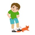 Boy Stepping On Cats Tail, Part Of Bad Kids Behavior And Bullies Series Of Vector Illustrations With Characters Being