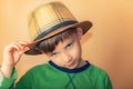 A boy in a straw hat conveys a greeting, a portrait of a child on a beige background