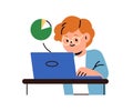Boy student learning at laptop, data analysis, coding. School child at computer, studying programming, information