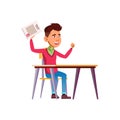 boy student sitting at desk and celebrate great test mark cartoon vector