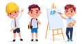 Boy students vector character set design. Boys character in artist, engineer and student uniform with friendly and happy.