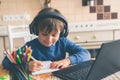 Boy studying home online while school is closed