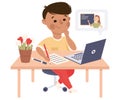 Boy Studying from home via Teleconference Using Computer, Homeschooling, Distance Learning Concept Cartoon Style Vector