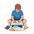 Boy studying math with books and tools Royalty Free Stock Photo