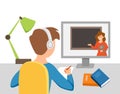 Boy studying online education at home cartoon vector illustration. Royalty Free Stock Photo
