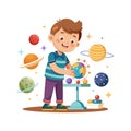 Boy Studying Planets: Cartoon Illustration of a Child Exploring Space Royalty Free Stock Photo