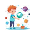 Boy studying planets, solar system, and astronomy, educational illustration, for kids Royalty Free Stock Photo