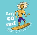 Boy surf on big wave cool summer t-shirt print. Boyfriend ride surfboard Royalty Free Stock Photo