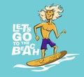 Boy surf on big wave cool summer t-shirt print. Dude ride surfboard. Let\'s go to beatch slogan Royalty Free Stock Photo