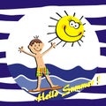 Boy and surf on the sea, funny vector illustration on blue striped backgroud Royalty Free Stock Photo