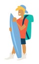 Boy with surfboard traveler summer vacation guy with backpack Royalty Free Stock Photo
