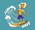 Boy surfer cool summer t-shirt print. Boyfriend ride surfboard on big wave.