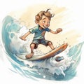 A Boy surfing on water colorful sketch image generative AI Royalty Free Stock Photo