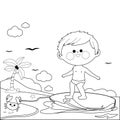 Boy surfing on a wave in the sea. Vector black and white coloring page Royalty Free Stock Photo