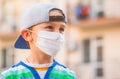 Boy in a surgical bandage. Boy in a medical mask. Quarantine and protection virus. Coronavirus quarantine. Child wearing