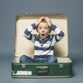 Boy with a surprised expression sitting inside a suitcase