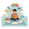 Boy surrounded by open books reading intently on carpet indoor study and learning concept vector illustration Royalty Free Stock Photo
