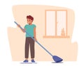 Boy Sweeping Floor with Broom. Child Character Doing Domestic Work, Cleaning Floor, Baby Clean Carpet. Son Helper