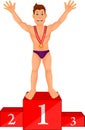 Boy swimmer celebrates his golden medal on podium Royalty Free Stock Photo
