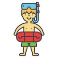 Boy with swimming mask and ring in pool, kids learn to swim, children beach vacation concept.