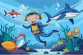 A boy is swimming underwater in the ocean surrounded by a school of colorful fish, Diving with sharks Customizable Cartoon Royalty Free Stock Photo